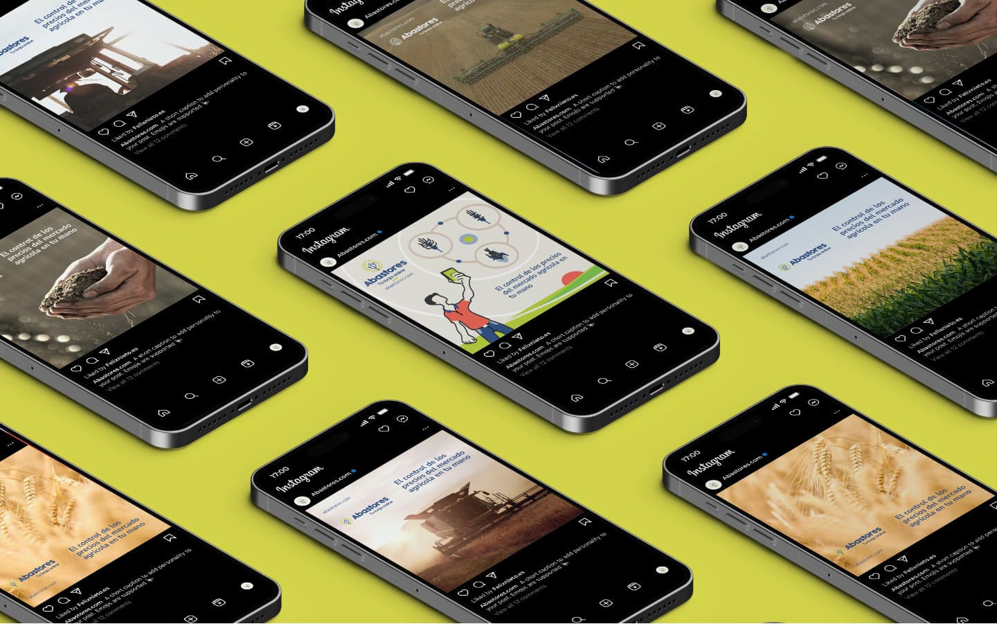 Several mobile phones lying in isometric perspective with social media posts from Abastores, including illustrations with graphs of cereals, harvesting machinery, barley, wheat, soil, tractors, and plantations.
