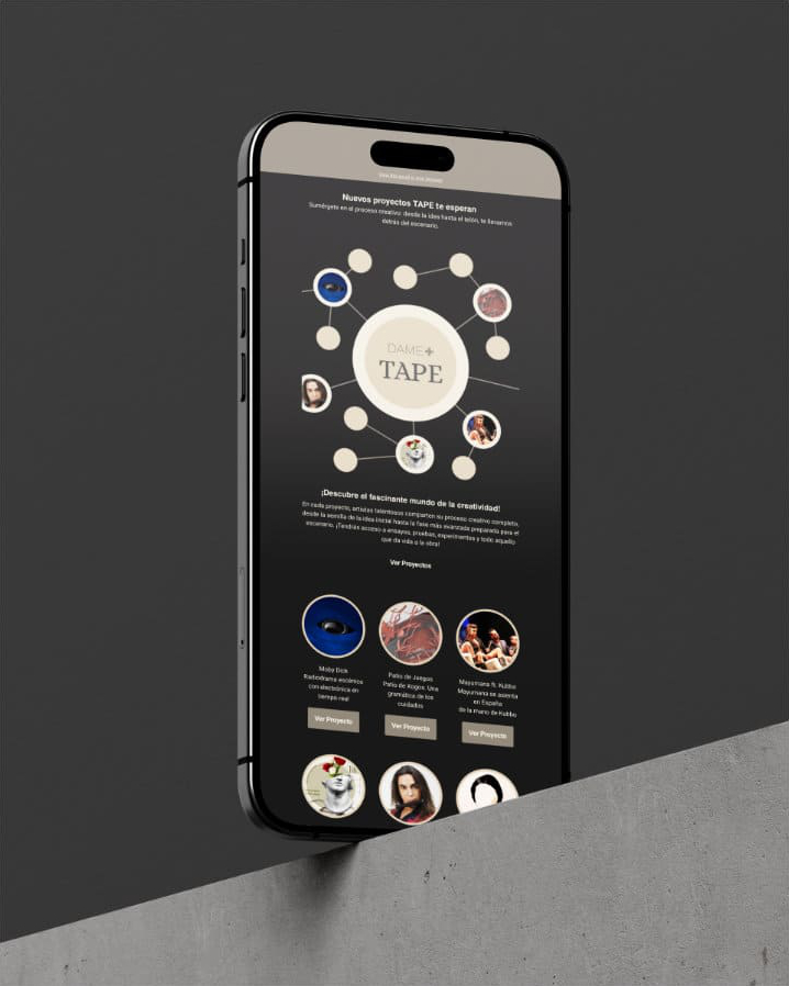 Mobile phone showing the 'TAPE' circular diagram on the screen.