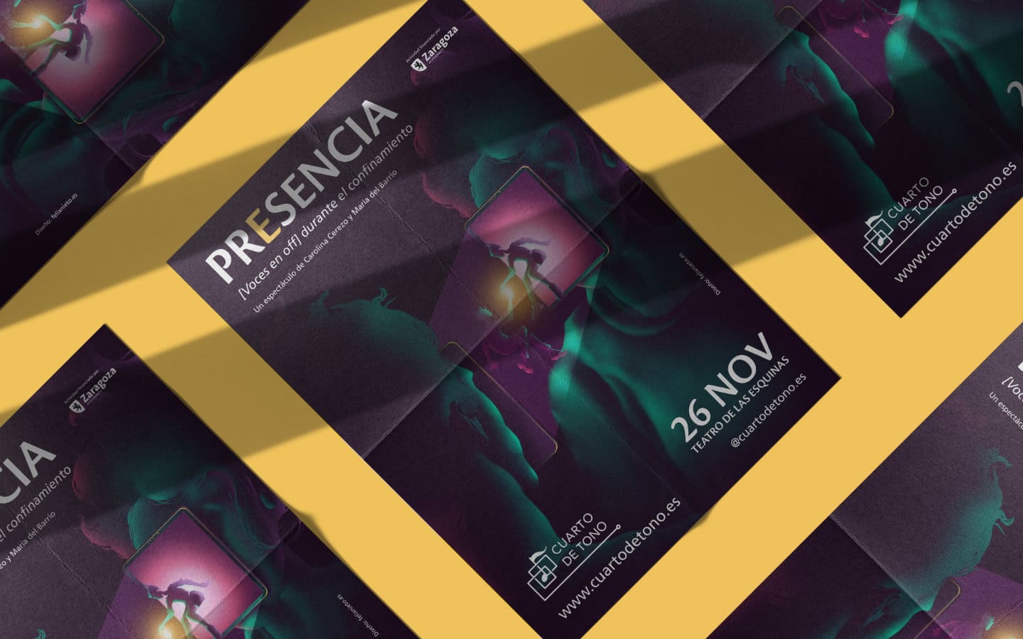Carteles del evento 'Presencia' con diseño gráfico en tonos morados y verdes.