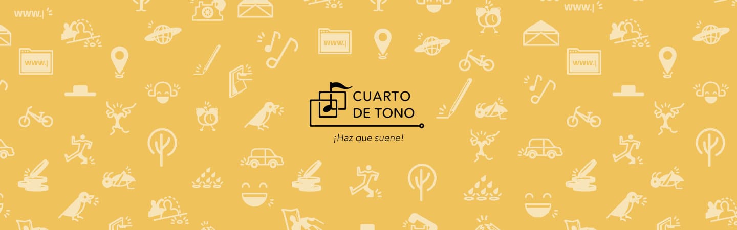 Franjas de iconos blancos relacionados con la música sobre fondo amarillo.