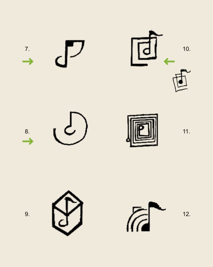 Bocetos del proceso de construcción de la marca gráfica de Cuarto de Tono.