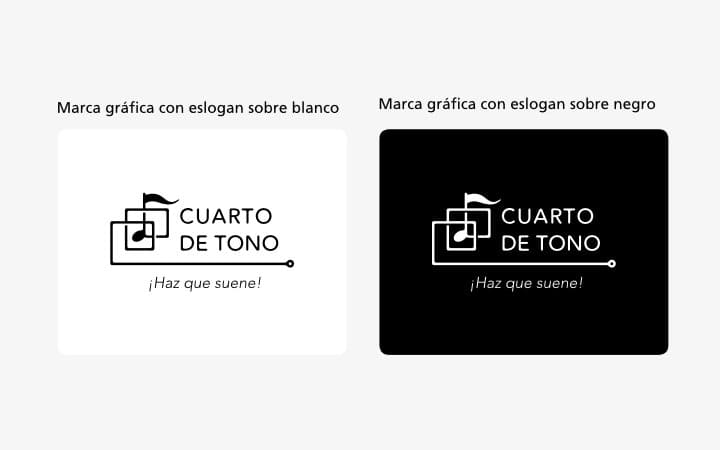 Dos versiones del logo 'Cuarto de Tono' en fondo beige y negro.